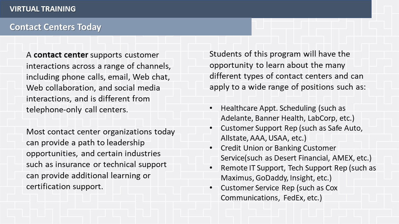 Contact center virtual training information and opportunities.
