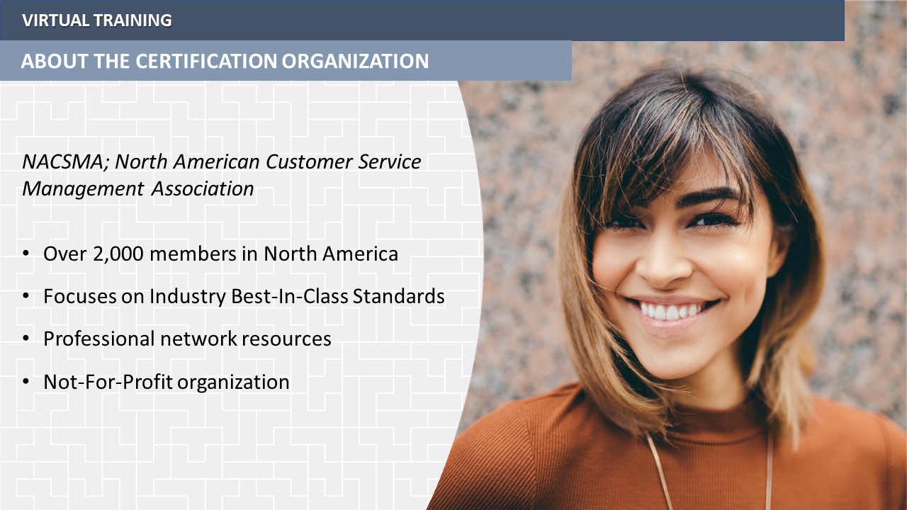 Smiling woman beside certification organization details.